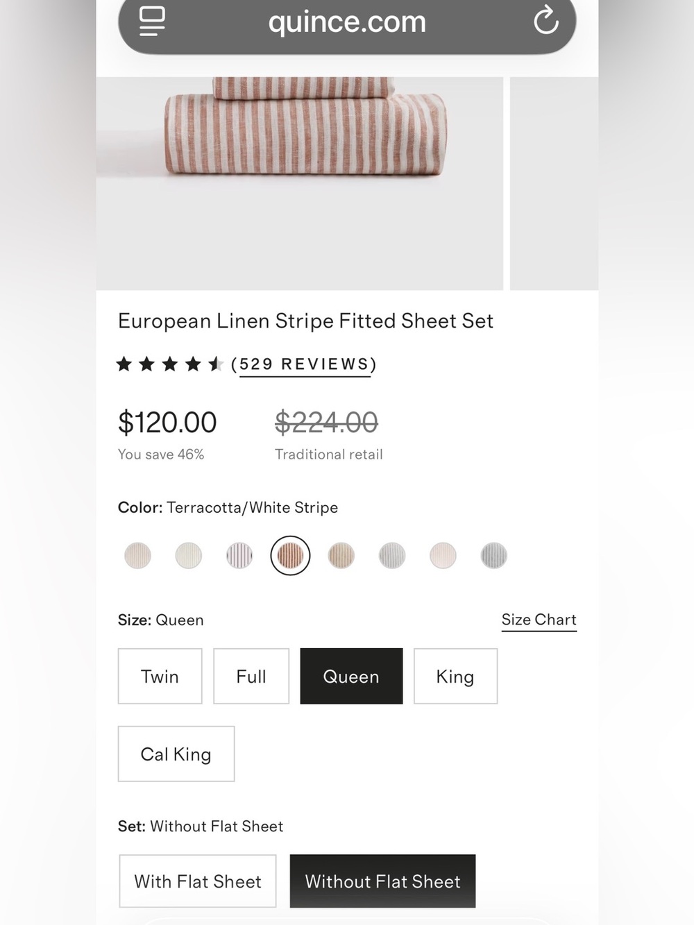 NWOT Quince European Linen 3 Pc Stripe Fitted Sheet Set, Queen -Terracotta/White - Picture 2 of 3